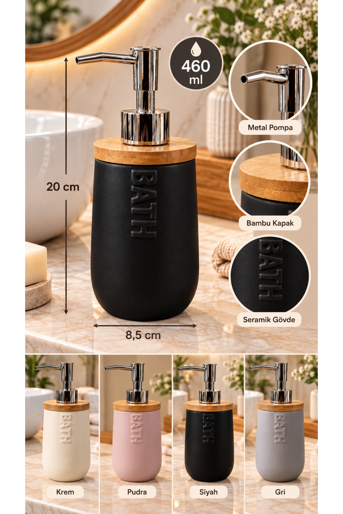 Seramik Sıvı Sabunluk Bambu Kapaklı 460 ml 8,5x20 cm