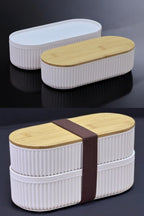 2 adet 2'li Bambu Kapaklı Saklama ve Beslenme Kutusu – 2 Katlı, 20 x 9 x 5,5 cm