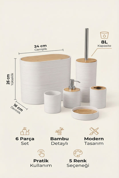 6 Parça Banyo Seti, Bambu Detaylı, 8L Çöp Kovası 24x26x16 cm