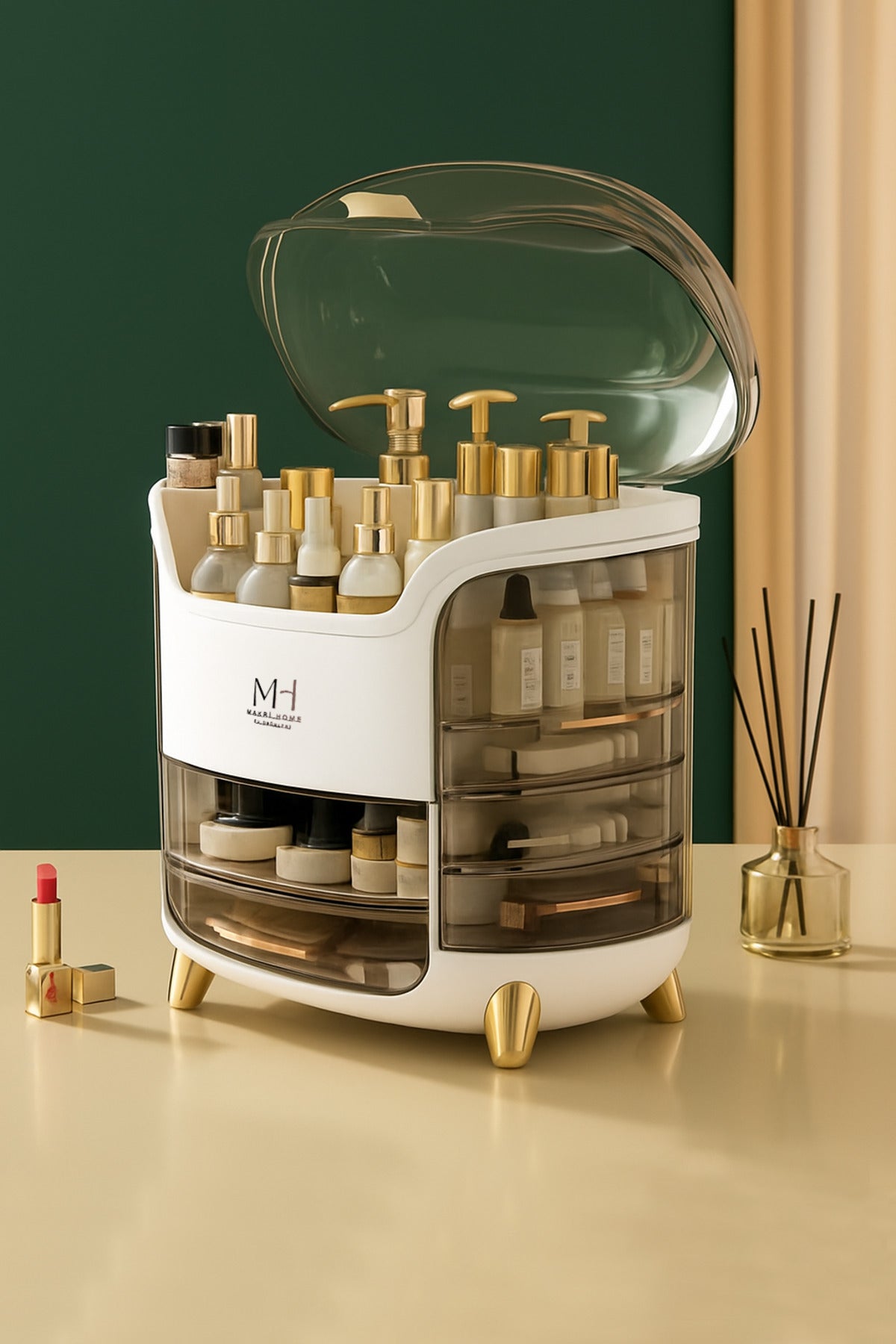 MultiBox Çok Gözlü Kırılmaz Şeffaf Kapaklı Makyaj Organizeri, Beyaz, 29 x 19 x 34 cm