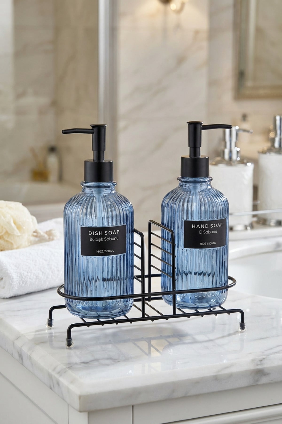 Modern Çizgili Yuvarlak Cam Ikili Sıvı Sabunluk & Deterjanlık Seti, Mavi - 500 Ml Cam Sabunluk