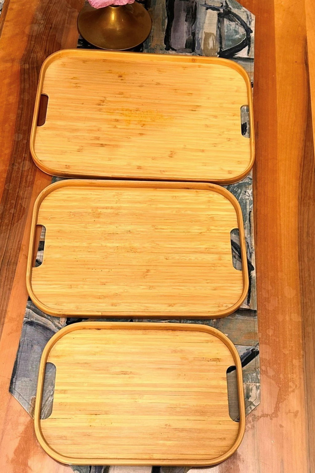 Bambu Dikdörtgen 3'lü Tepsi Seti, Küçük Tepsi: 22x33 cm, Orta Tepsi: 28x40 cm, Büyük Tepsi: 33x45 cm