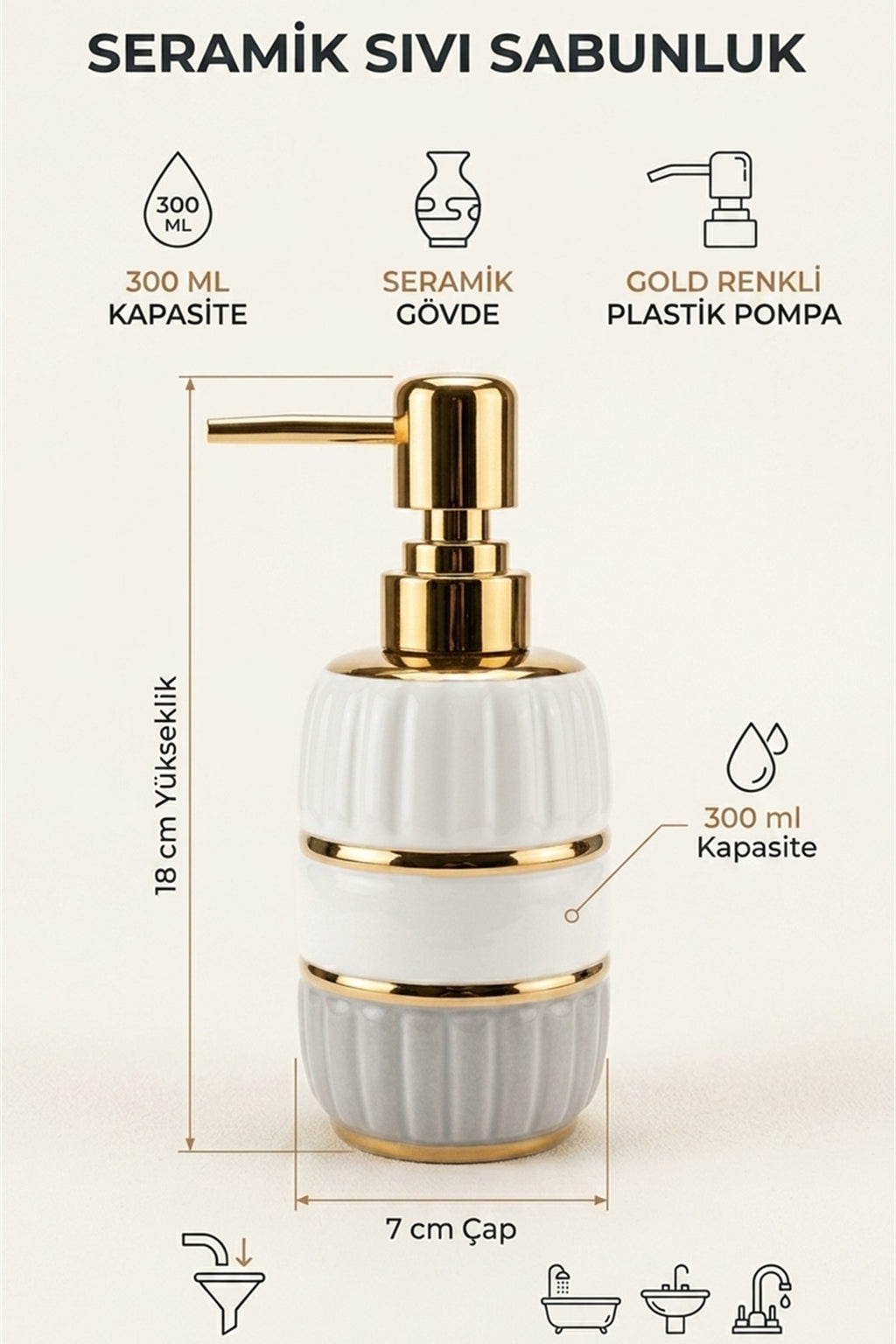 Seramik Sıvı Sabunluk, 300 ml, 7x18 cm - görsel 2