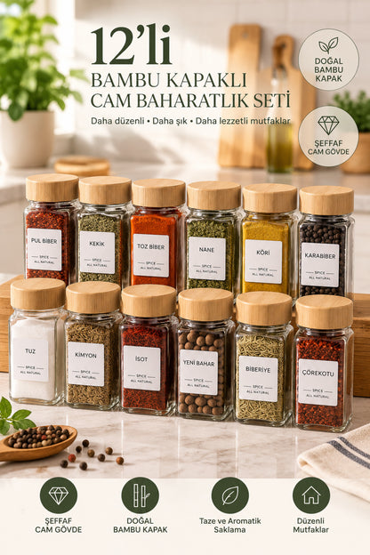 12’li Bambu Kapaklı Cam Baharatlık Seti 4,5 x 4,5 x 11 cm Etiketli 118 ml Baharat Kavanozu