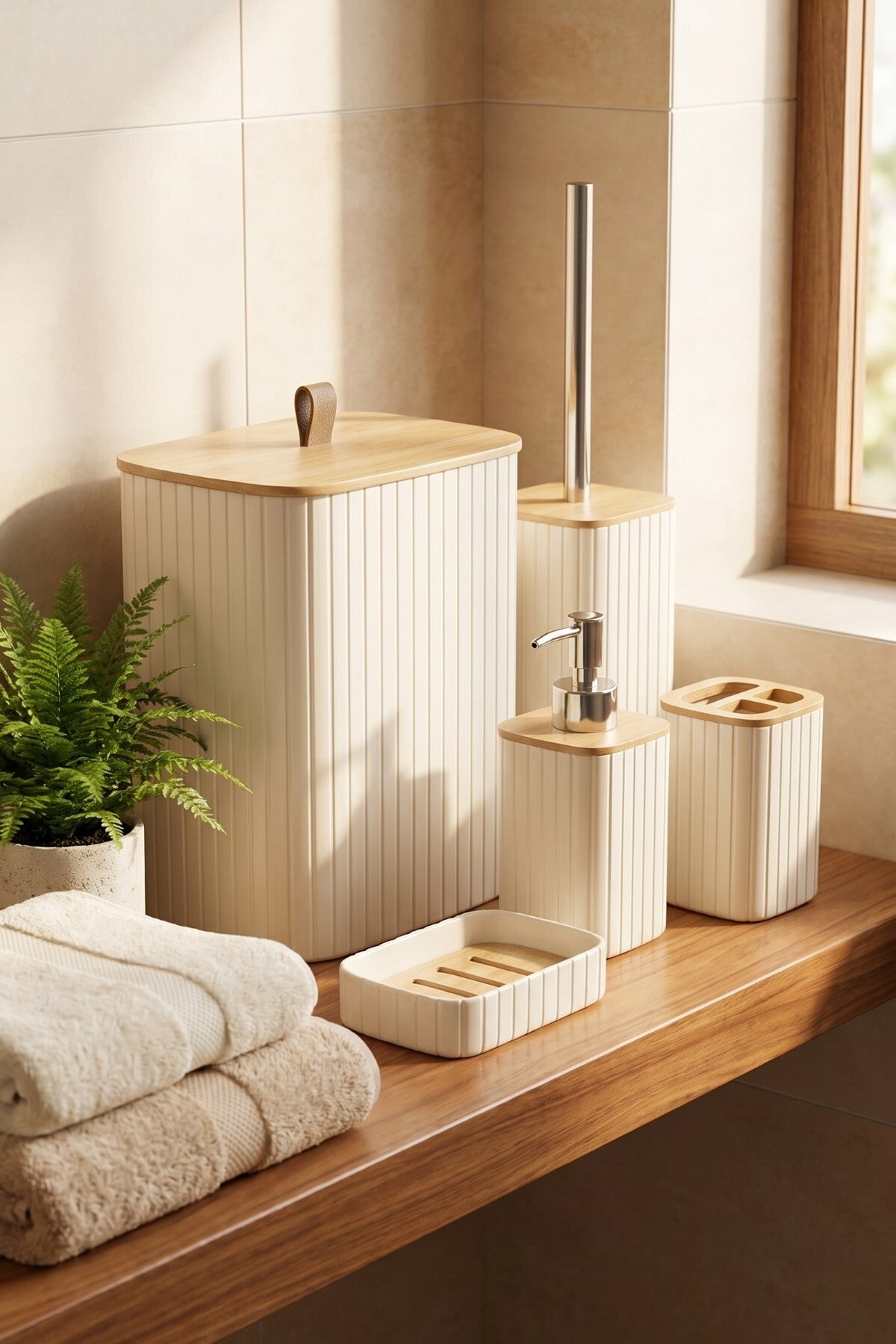 Bambu Kapaklı Çizgili Dikdörtgen 5 Parça Banyo Seti, 21 x 19 x 24 cm.