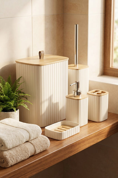 Bambu Kapaklı Çizgili Dikdörtgen 5 Parça Banyo Seti, 21 x 19 x 24 cm.