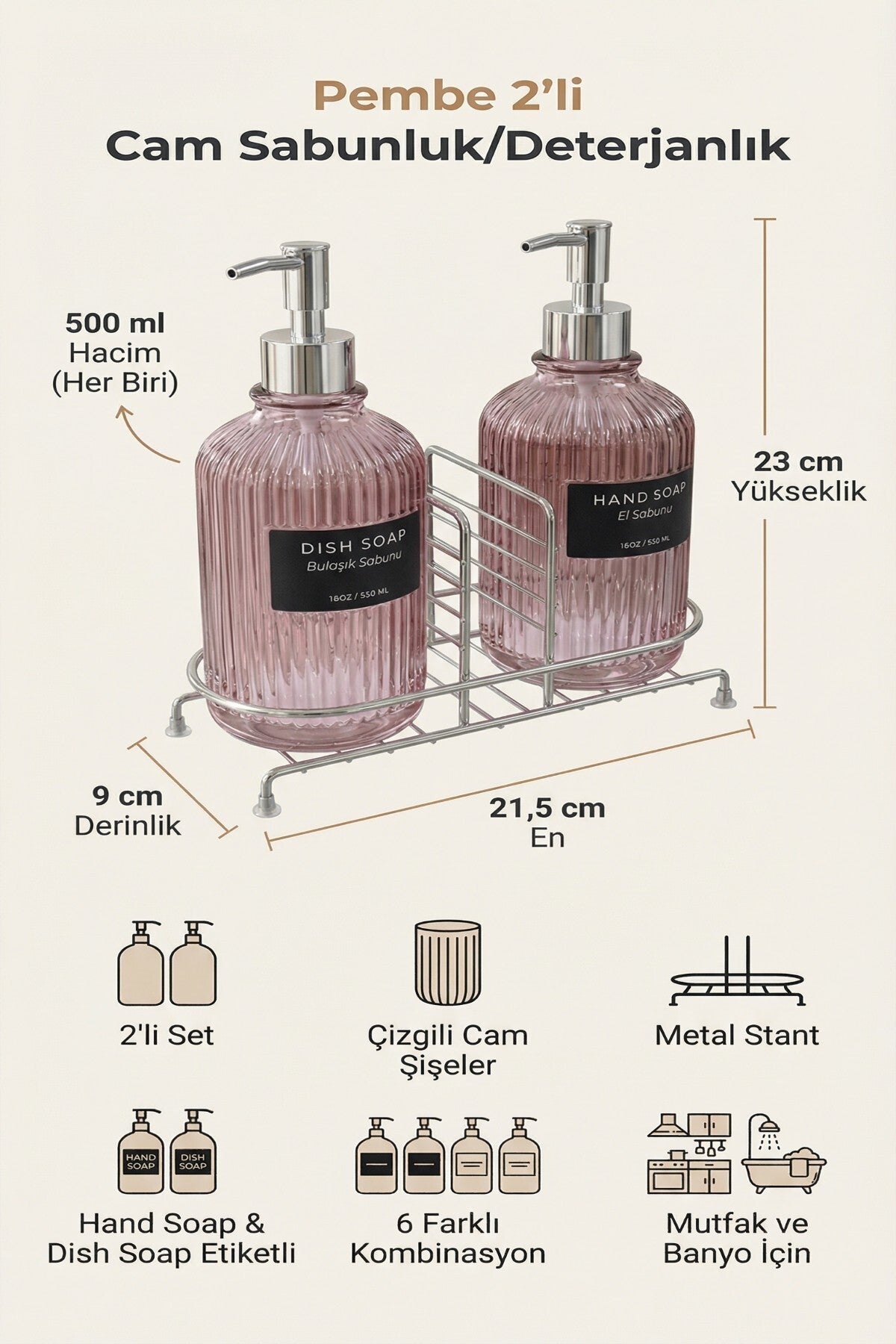 2'li Cam Sabunluk/Deterjanlık, 500 ml, Renk Metal Stantlı, 21,5x9x23 cm