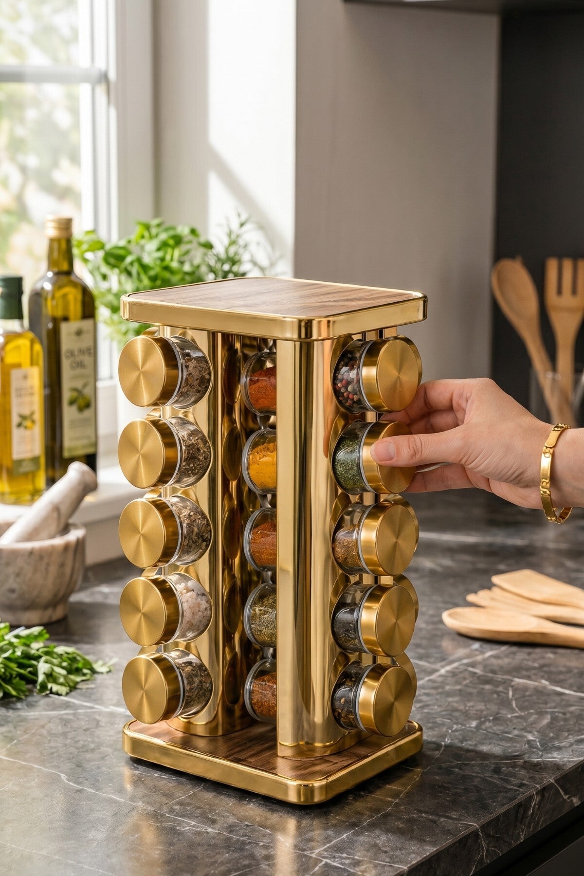 20’li Ahşap Desenli Gold Kare 360° Döner Standlı Baharatlık Cam Kavanoz Seti 118 ml