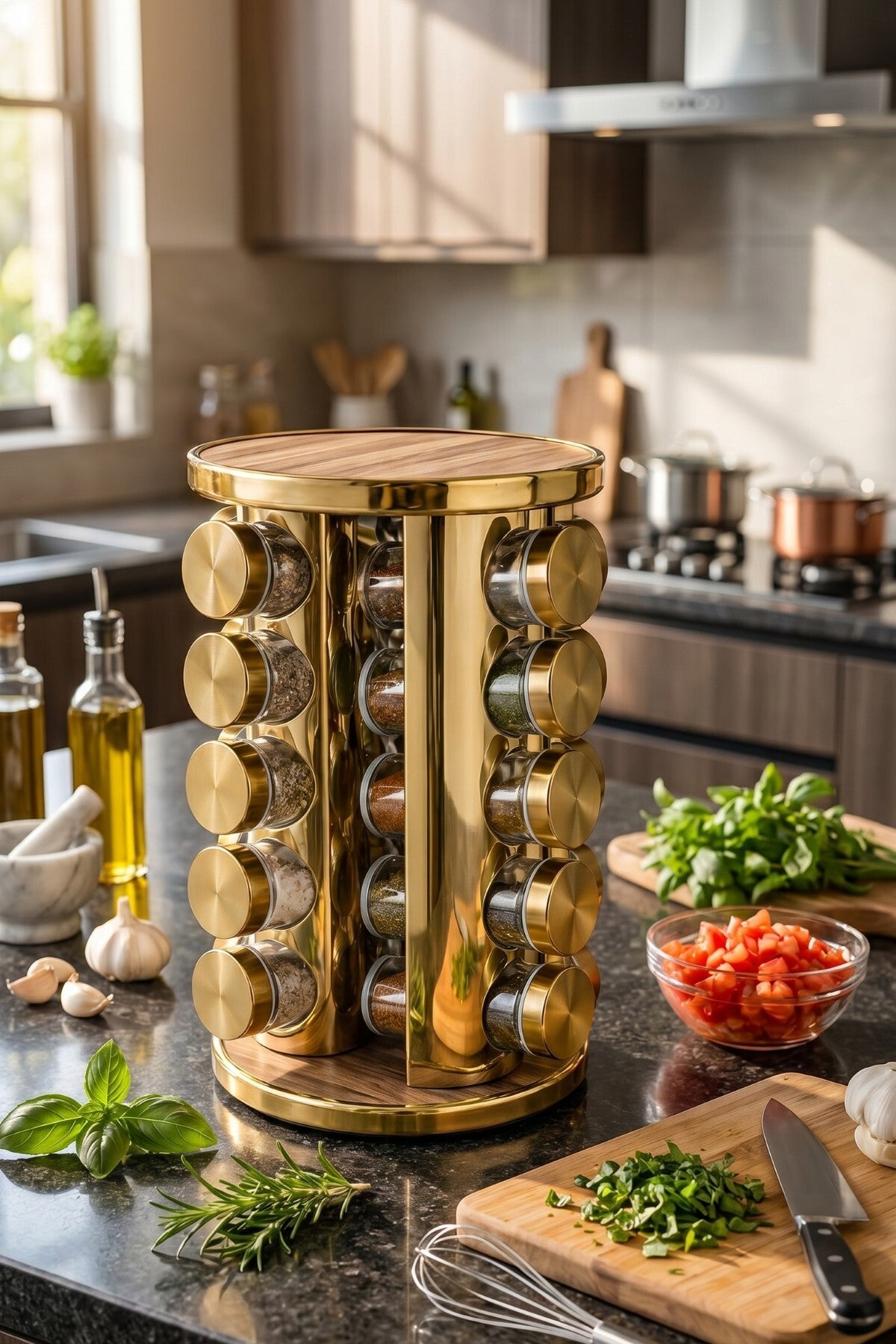 20’li Ahşap Desenli Gold Yuvarlak 360° Döner Standlı Baharatlık Cam Kavanoz Seti 118 ml