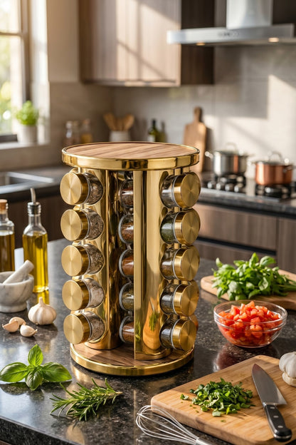 20’li Ahşap Desenli Gold Yuvarlak 360° Döner Standlı Baharatlık Cam Kavanoz Seti 118 ml