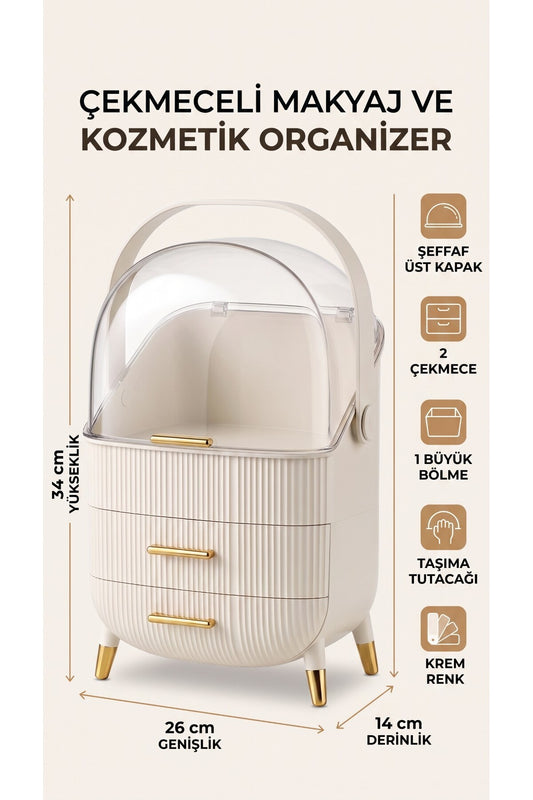 Çekmeceli Makyaj, Takı ve Kozmetik Ürün Düzenleyici, Krem Renk Organizer