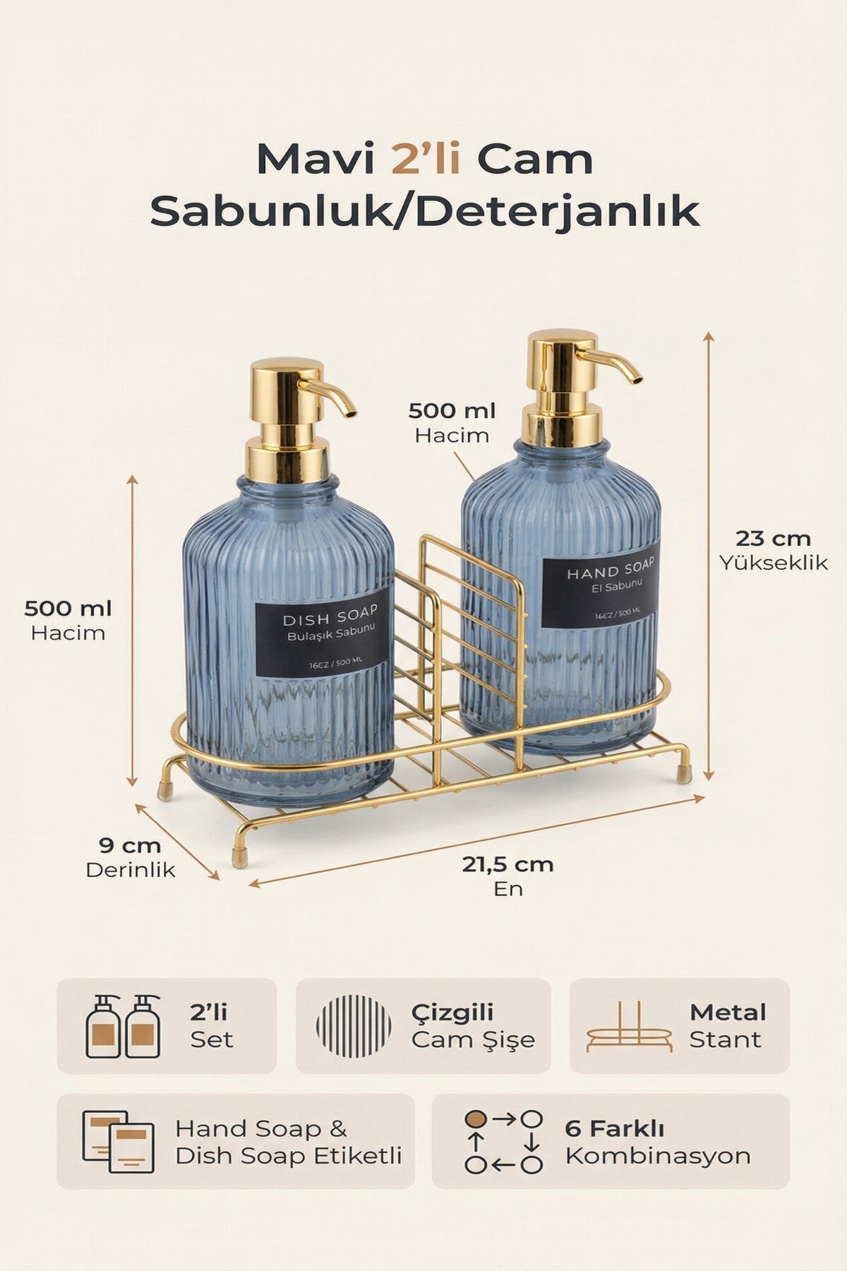 2'li Cam Sabunluk/Deterjanlık, 500 ml, Renk Metal Stantlı, 21,5x9x23 cm