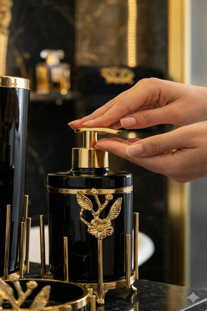 Gold Kaplama Metal Stantlı 5 Parça Mermer Desenli ve Düz Renk Seçenekli Banyo Aksesuar Takımı