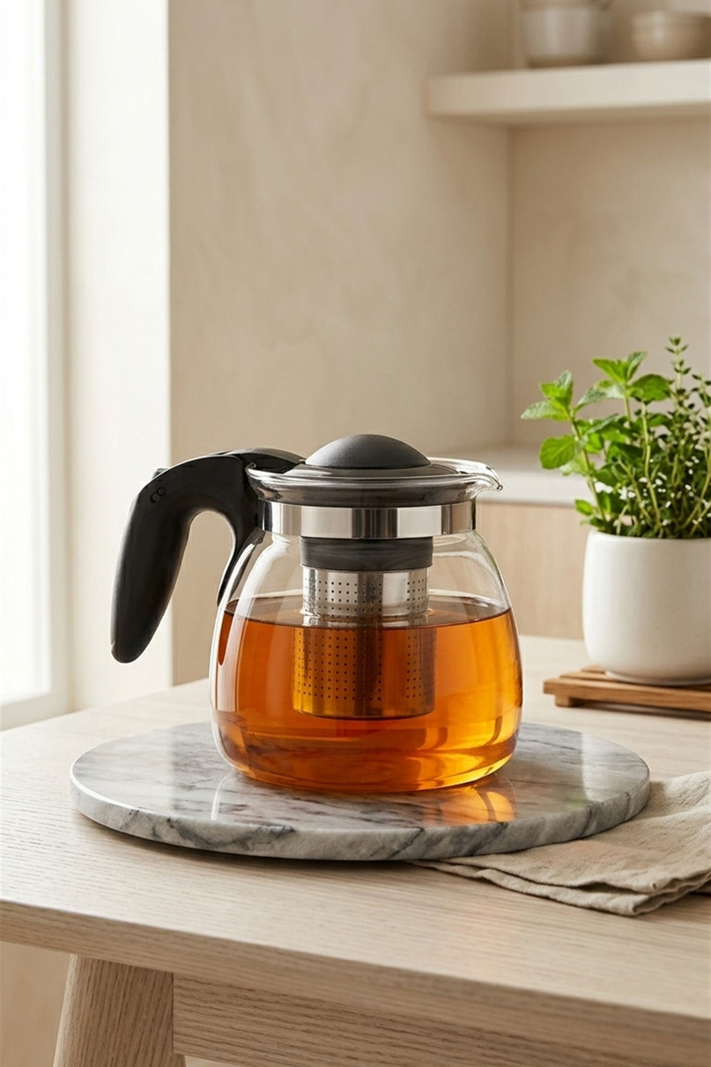 900 ML Çelik Süzgeçli Cam Demlik