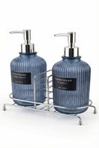 Mavi 2'li Cam Sabunluk/Deterjanlık, 500 ml, Gümüş Renk Metal Stantlı, 21,5x9x23 cm - görsel 7