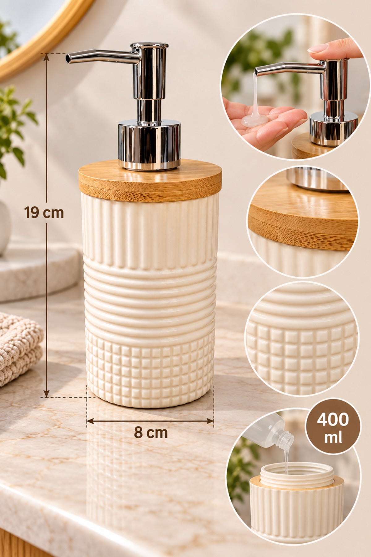 400 ml Bambu Kapaklı Sıvı Sabunluk, Desenli Seramik, 8x19 cm
