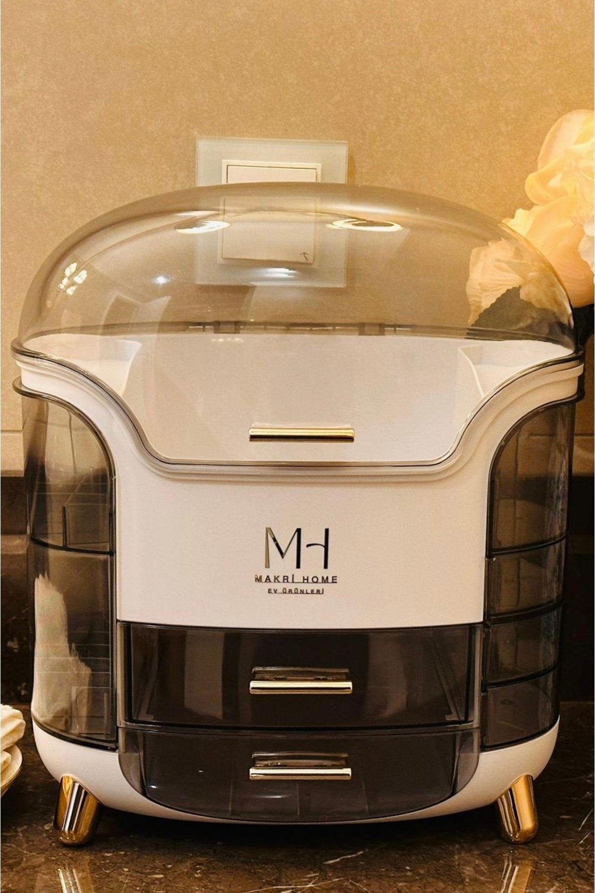 MultiBox Çok Gözlü Kırılmaz Şeffaf Kapaklı Makyaj Organizeri, Beyaz, 29 x 19 x 34 cm