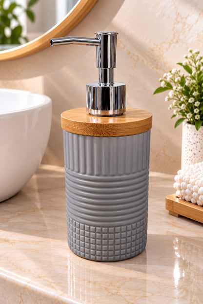 400 ml Bambu Kapaklı Sıvı Sabunluk, Desenli Seramik, 8x19 cm – Gri
