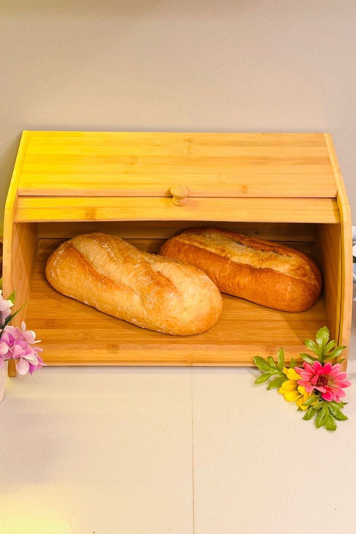Doğal Bambu DEMONTE Ekmeklik, Ekmek Kutusu, Kayar Kapaklı, Geniş Hacimli, 38 x 23 x 19 cm