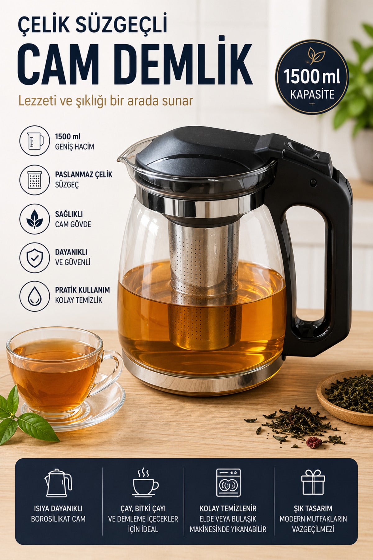 1500 ML Çelik Süzgeçli Cam Demlik