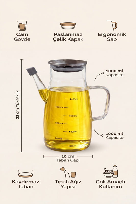 1000 ml Cam Yağlık Sirkelik Sürahi, 22 cm Yükseklik, 10 cm Çap, Paslanmaz Çelik Kapaklı