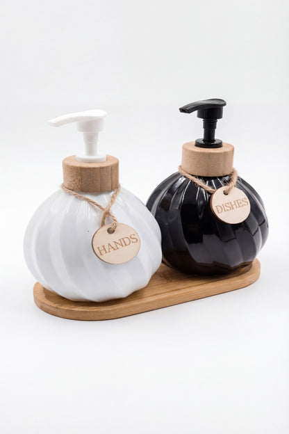 2'li Sıvı Sabunluk & Deterjanlık Seti, Bambu Stantlı, Stant 17,5x8,5 cm, Şişe 400 ml 15x10 cm