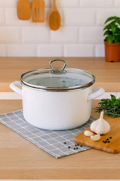 Emaye Tencere, Fritöz, Cam Kapaklı – 22 cm Çap, 3,5 Litre Hacim