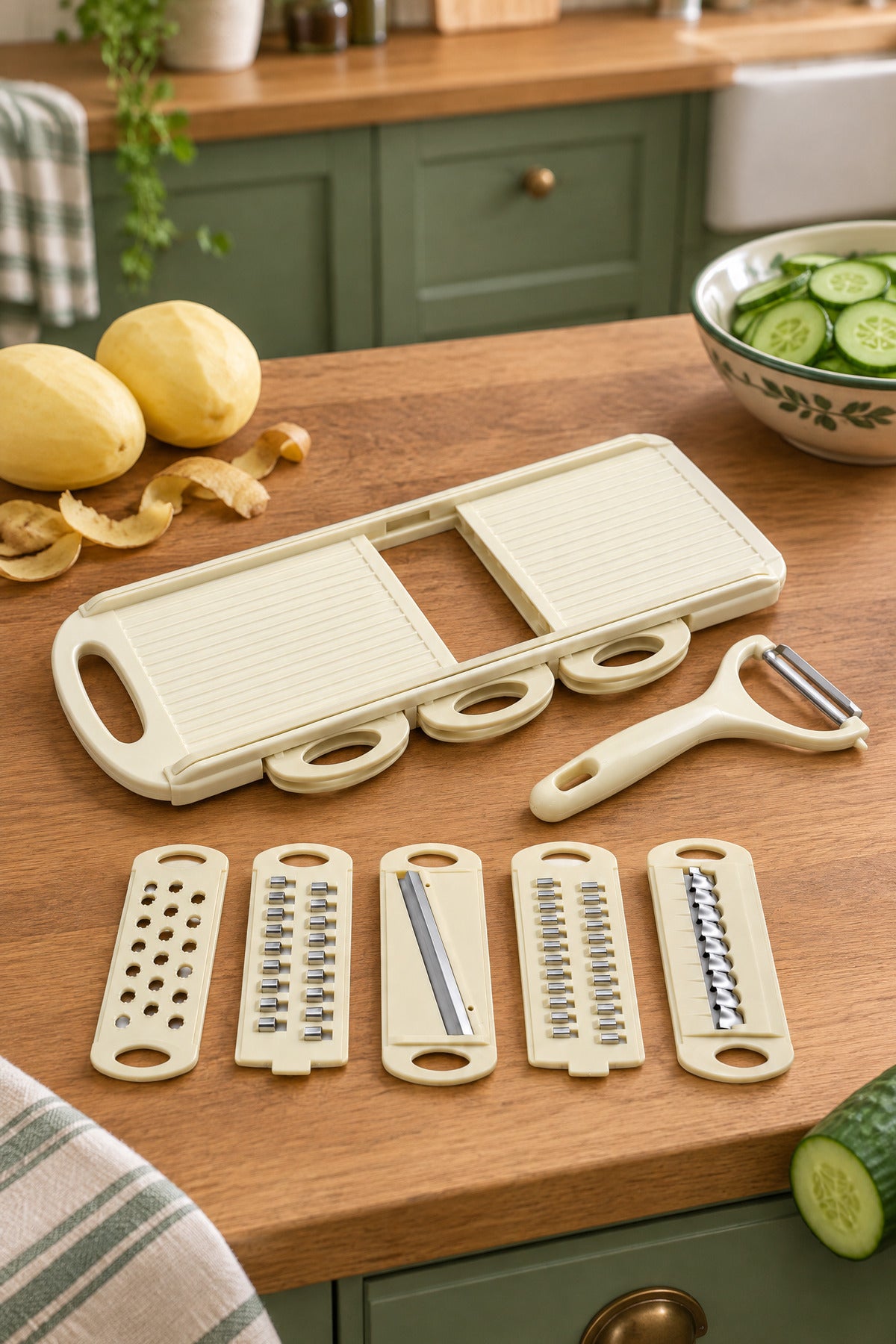 Çok Fonksiyonlu Mandolin Rende ve Soyacak Seti, 5 Bıçaklı, Krem