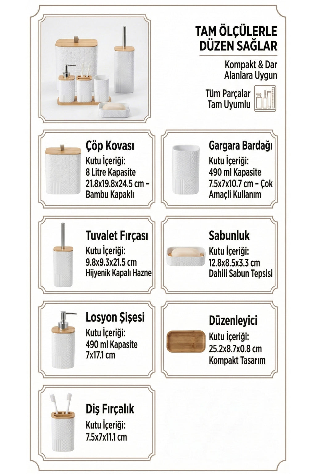 Desenli 7 Parça Bambu Kapaklı ve Aksesuarlı Banyo Seti