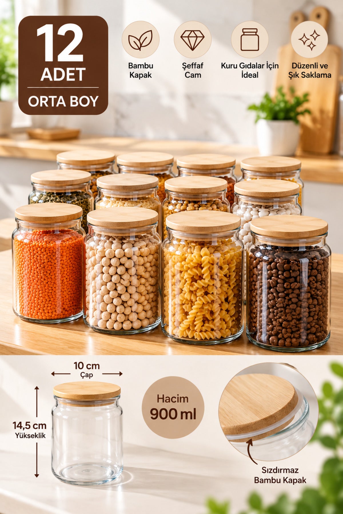 12’li Bambu Kapaklı Cam Kavanoz Seti – 900 ml