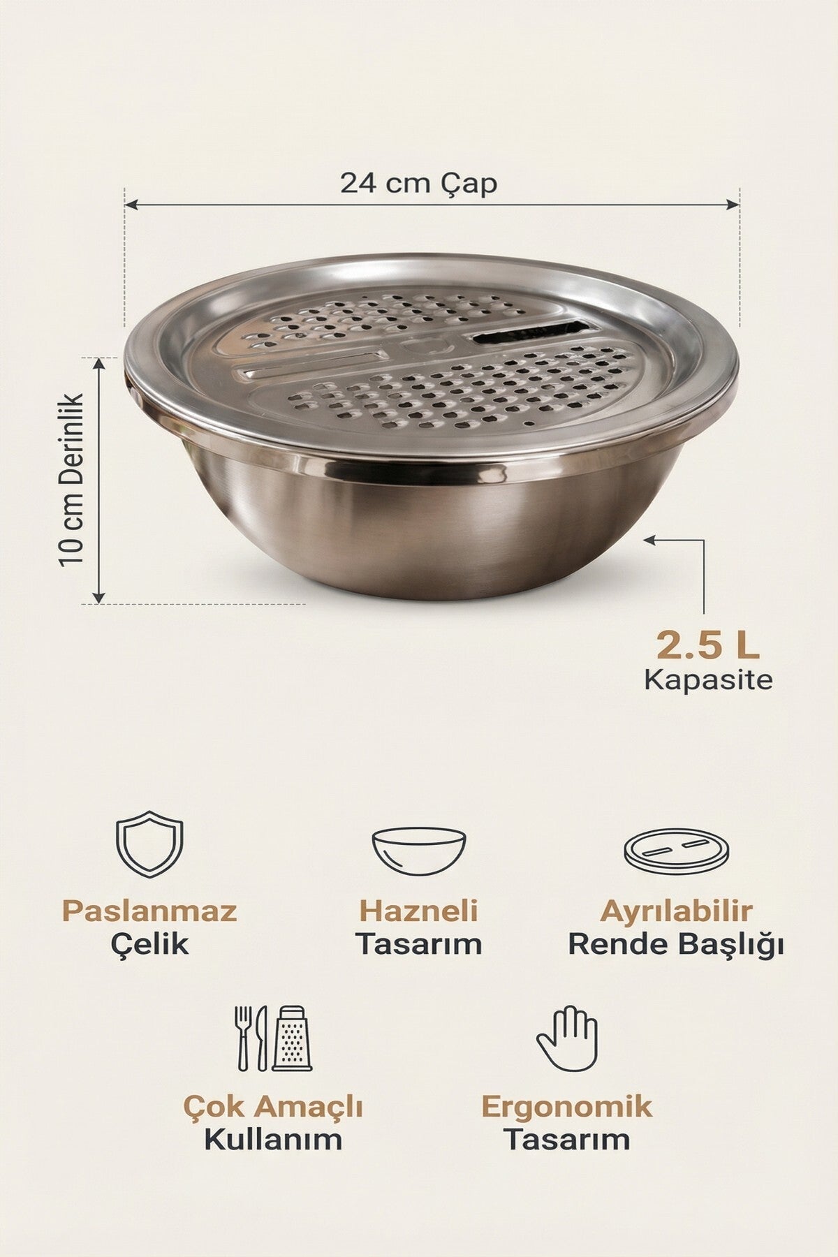 Çelik Hazneli Rende Seti, 24 cm Çap, 2.5 L Kapasiteli, 10 cm Derinlik - görsel 2