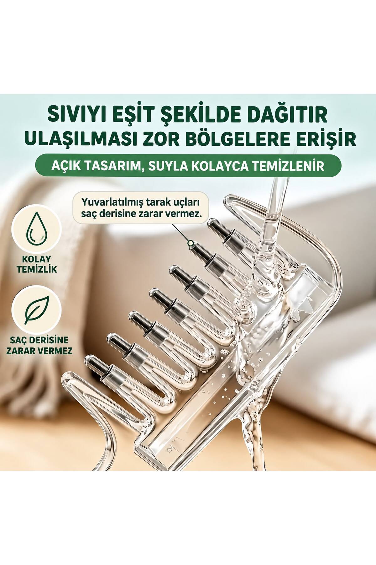 Saç Bakım Sıvısı Uygulama Tarağı – Bilyeli Masaj Uçlu, 10 ml Hazneli, Damlalıklı