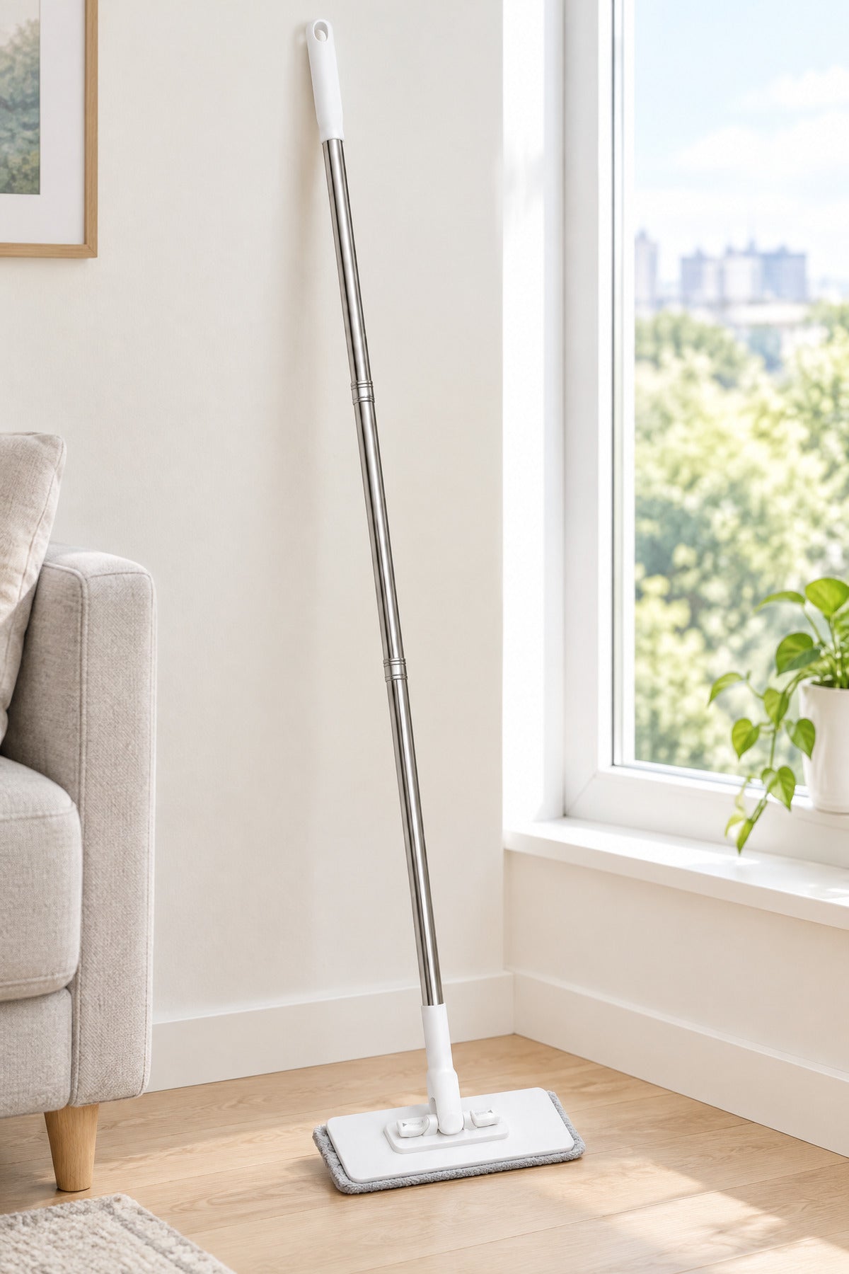 Mandallı Düz Mop, Bez Tutuculu Başlık, 3 Parçalı Çelik Saplı, Beyaz