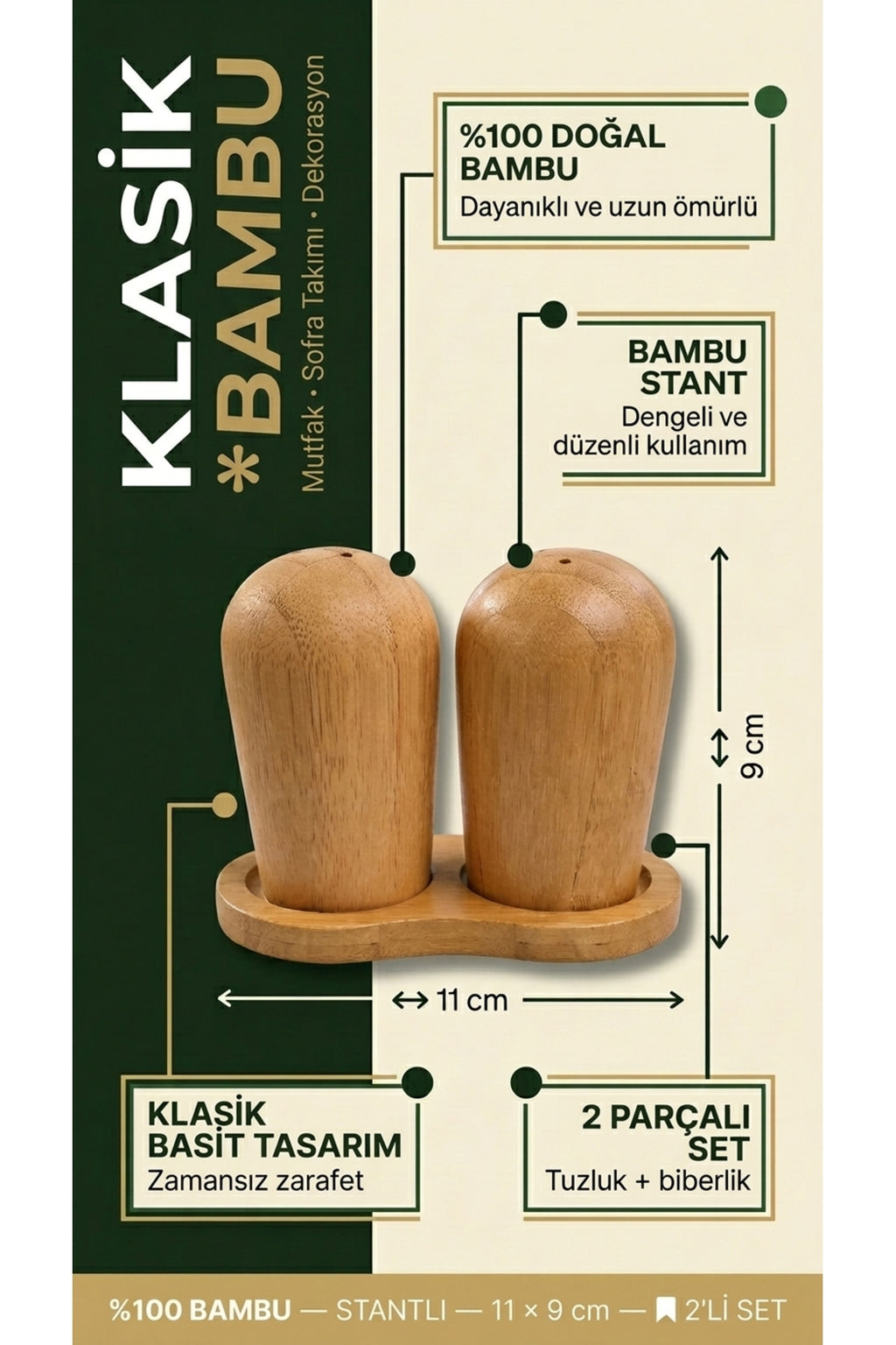 Klasik Stantlı Bambu Tuzluk & Karabiberlik Seti – Doğal Bambu Baharatlık