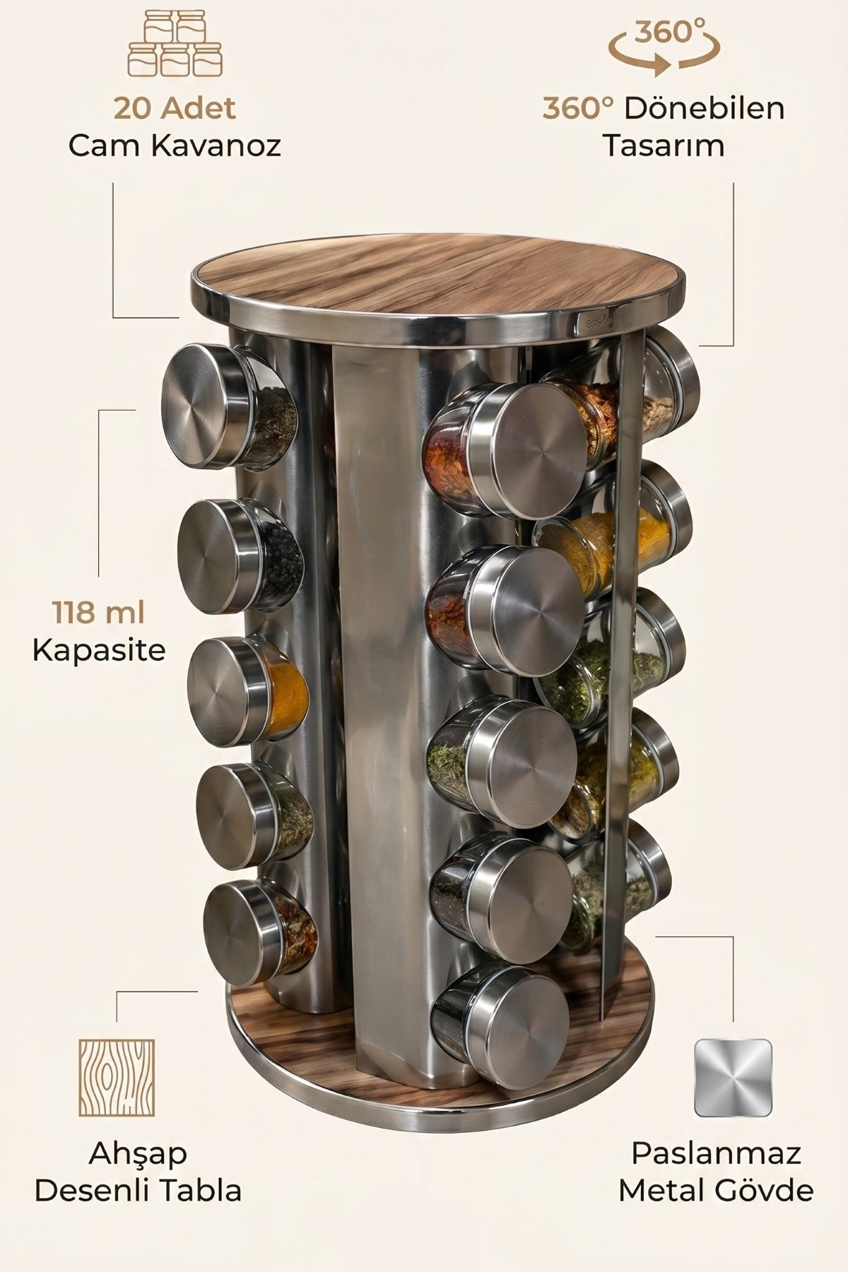20’li Ahşap Desenli Krom Yuvarlak 360° Döner Standlı Baharatlık Cam Kavanoz Seti 118 ml