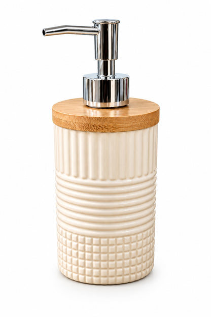 400 ml Bambu Kapaklı Sıvı Sabunluk, Desenli Seramik, 8x19 cm