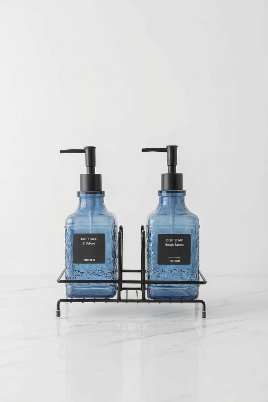 Modern Cam Sıvı Sabunluk & Deterjanlık Seti-500 ml Cam Sabunluk, Metal Stand'lı