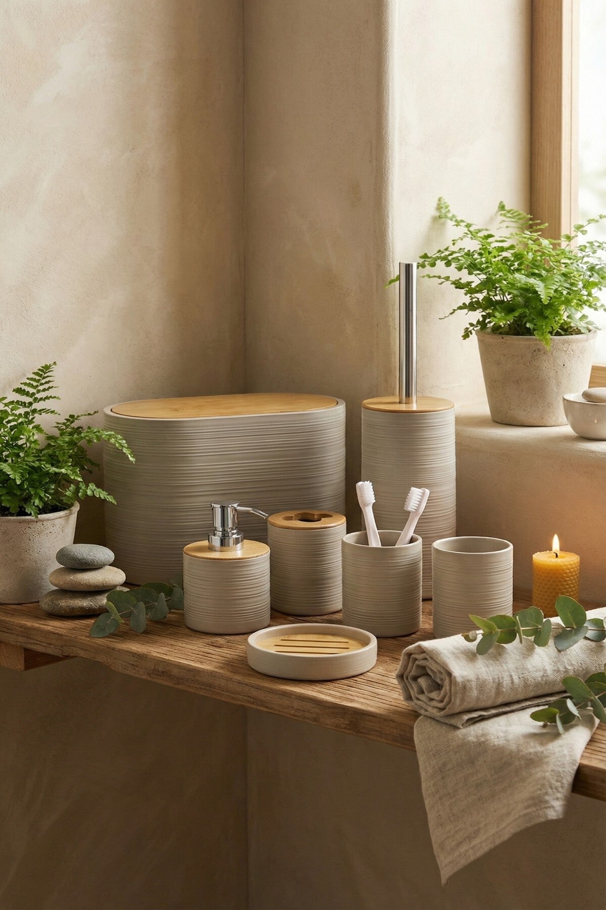 6 Parça Banyo Seti, Bambu Detaylı, 8L Çöp Kovası 24x26x16 cm
