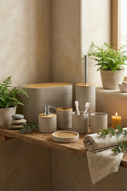 6 Parça Banyo Seti, Bambu Detaylı, 8L Çöp Kovası 24x26x16 cm