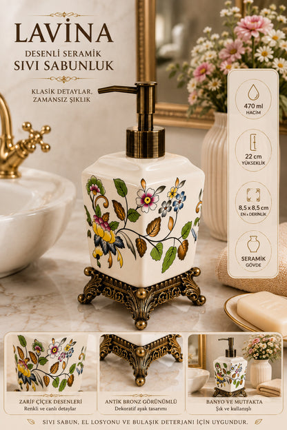 Lavina Seramik Sıvı Sabunluk, Krem, Bronz Ayaklı 470 ml