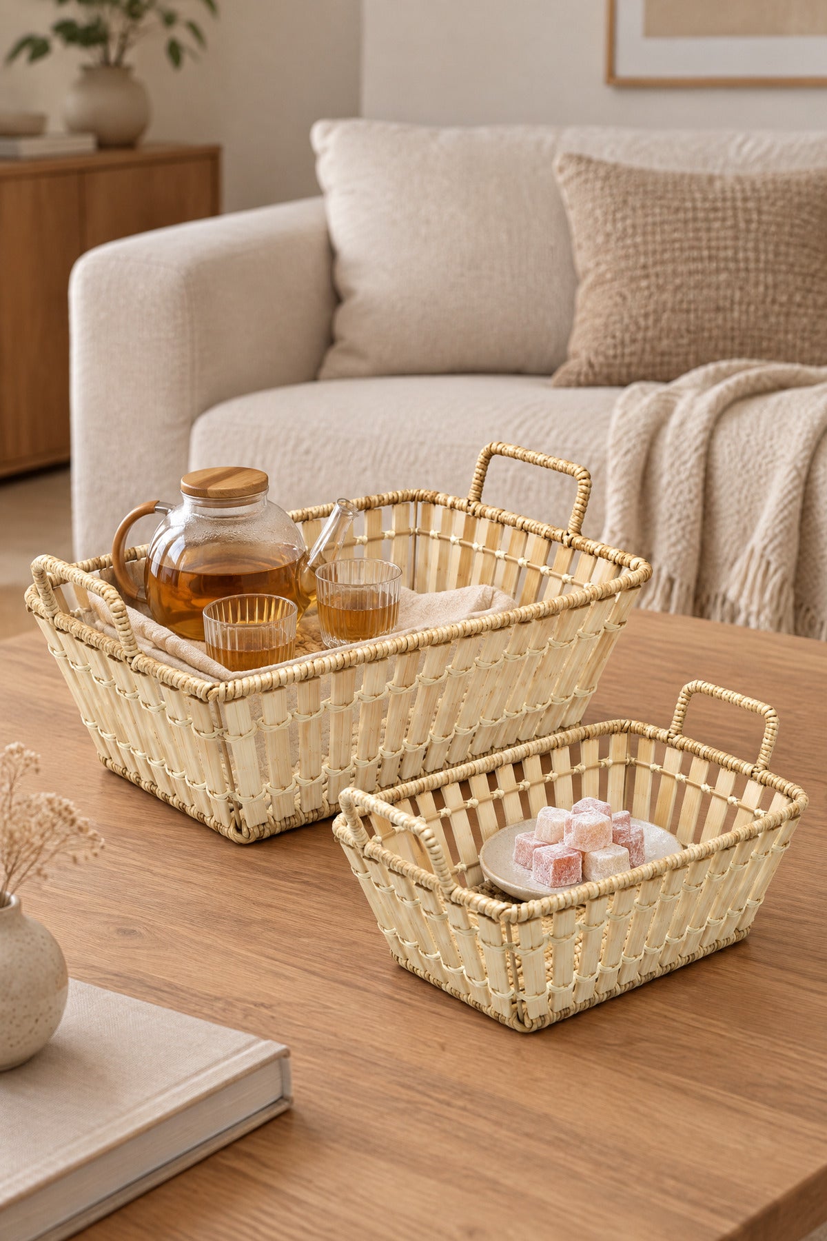 2'li Dikdörtgen Bambu Hasır Kulplu Düzenleyici Sepet Seti, 30x24,5 cm + 26x21 cm