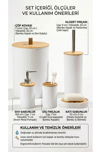 5 Parça Yuvarlak Banyo Seti, Bambu Kapaklı, Hacim: 7 litre