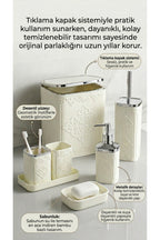 7 Parça Desenli Kare Click Kapaklı Beyaz Silver Banyo Seti, Hacim: 8 litre