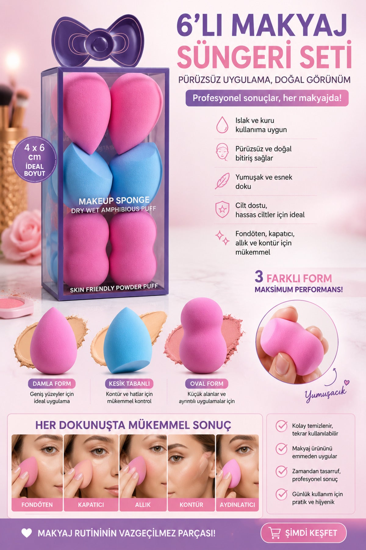 Pastel Candy 6'lı Makyaj Süngeri Seti – 4 x 6 cm