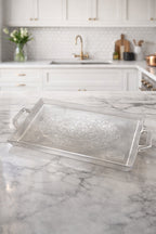 50x34 cm Şeffaf Motifli Büyük Boy Plastik Kulplu Tepsi, Şık Kristal Sunum Tepsisi