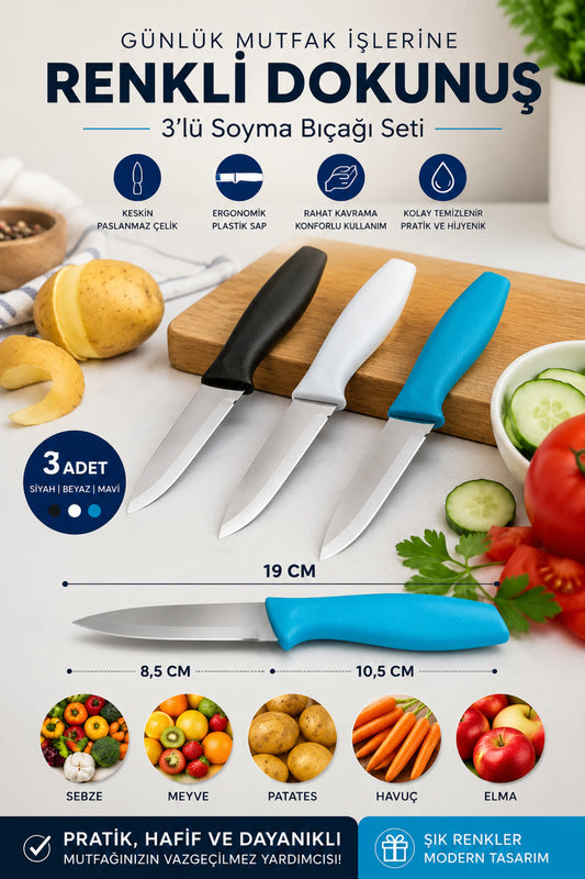 3'lü Renkli Soyma Bıçağı Seti (Siyah, Beyaz, Mavi) – 19 cm