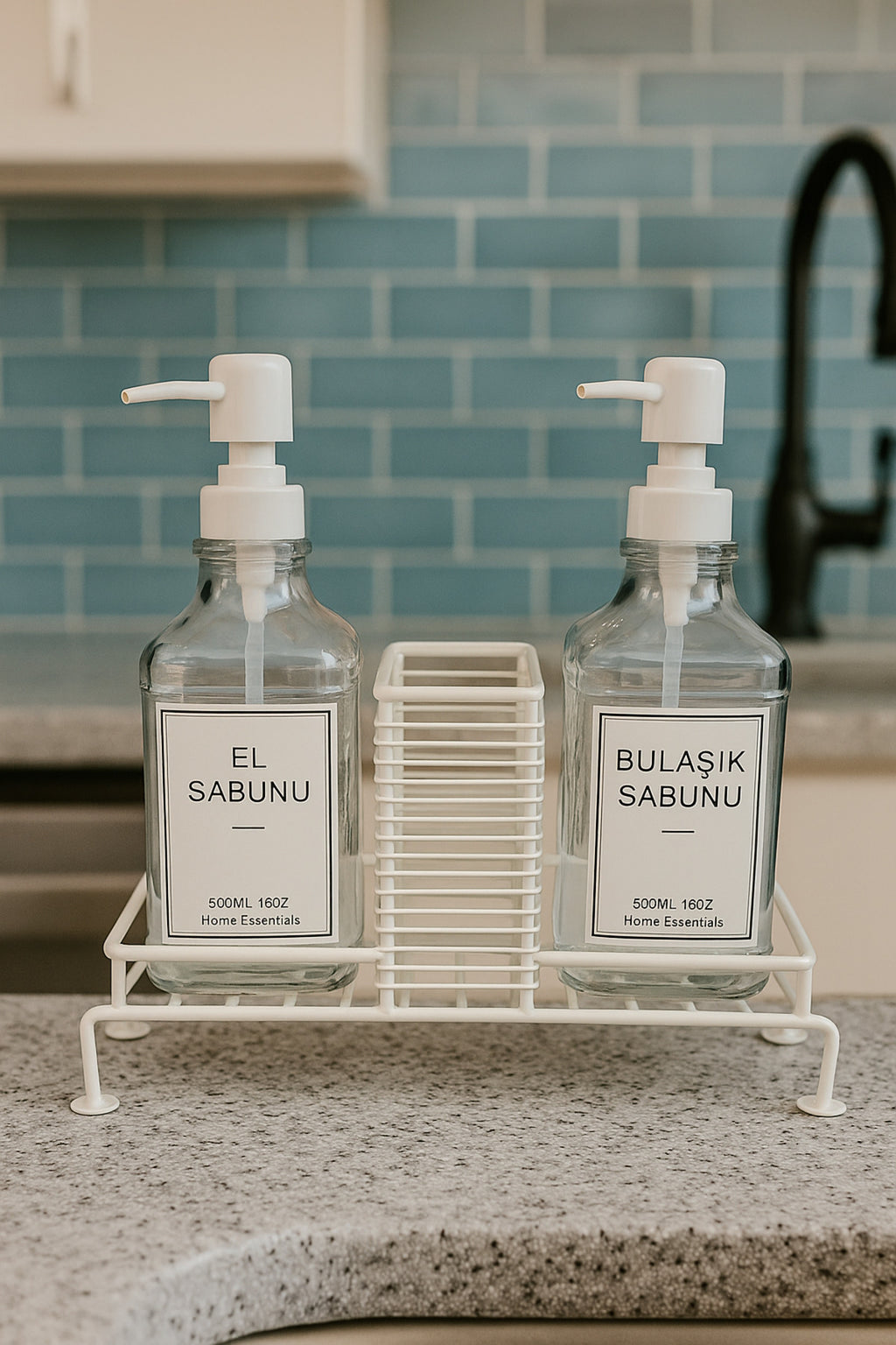 Premium Stantlı Cam Sıvı Sabunluk & Deterjanlık Seti – İkili (Süngerlik Bölmeli)