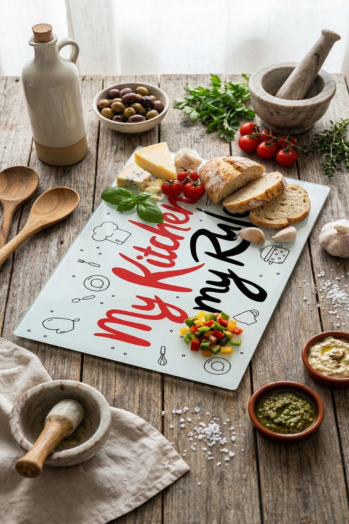 Cam Kesme Tahtası Kırılmaz Temperli 25x35 cm My Kitchen My Rules Yazılı Desenli - Görsel 6