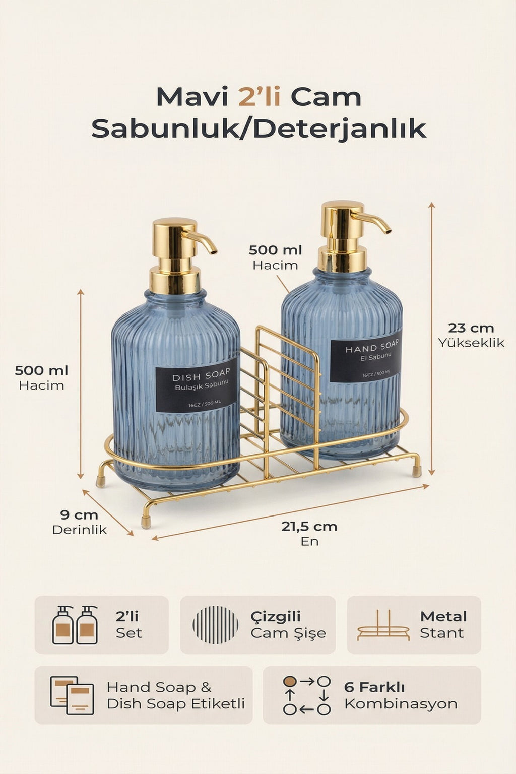 Mavi 2'li Cam Sabunluk/Deterjanlık, 500 ml, Altın Renk Metal Stantlı, 21,5x9x23 cm - görsel 2