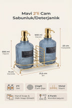 Mavi 2'li Cam Sabunluk/Deterjanlık, 500 ml, Altın Renk Metal Stantlı, 21,5x9x23 cm - görsel 2